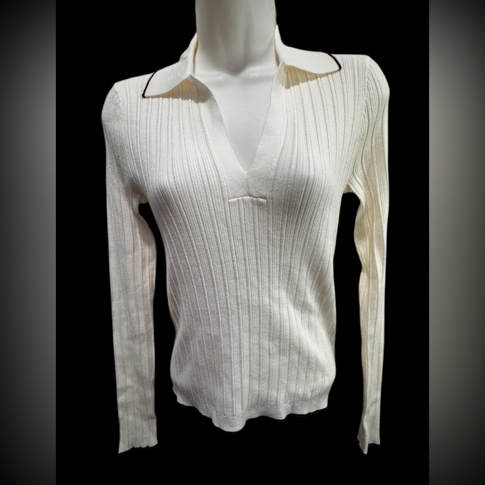 Madewell Cream Knit Sweater with brown trim Johnny collar size small